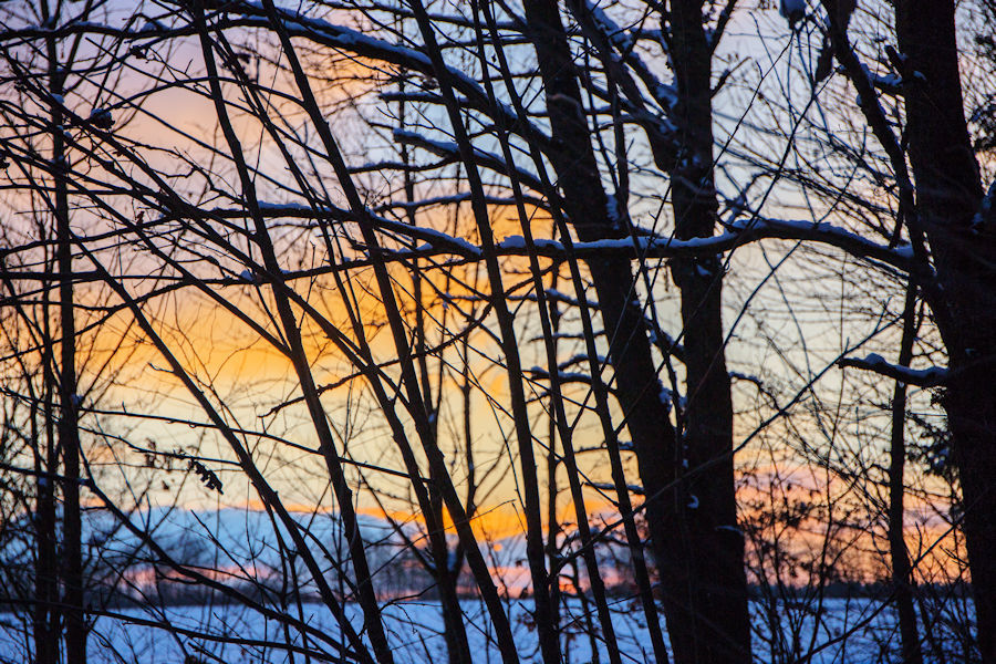 Winter kurz vor Sonnenuntergang im Wald
